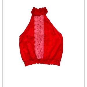 S Clothing Red & Pink Button Back Halter Embroidered Blouse. Size Large